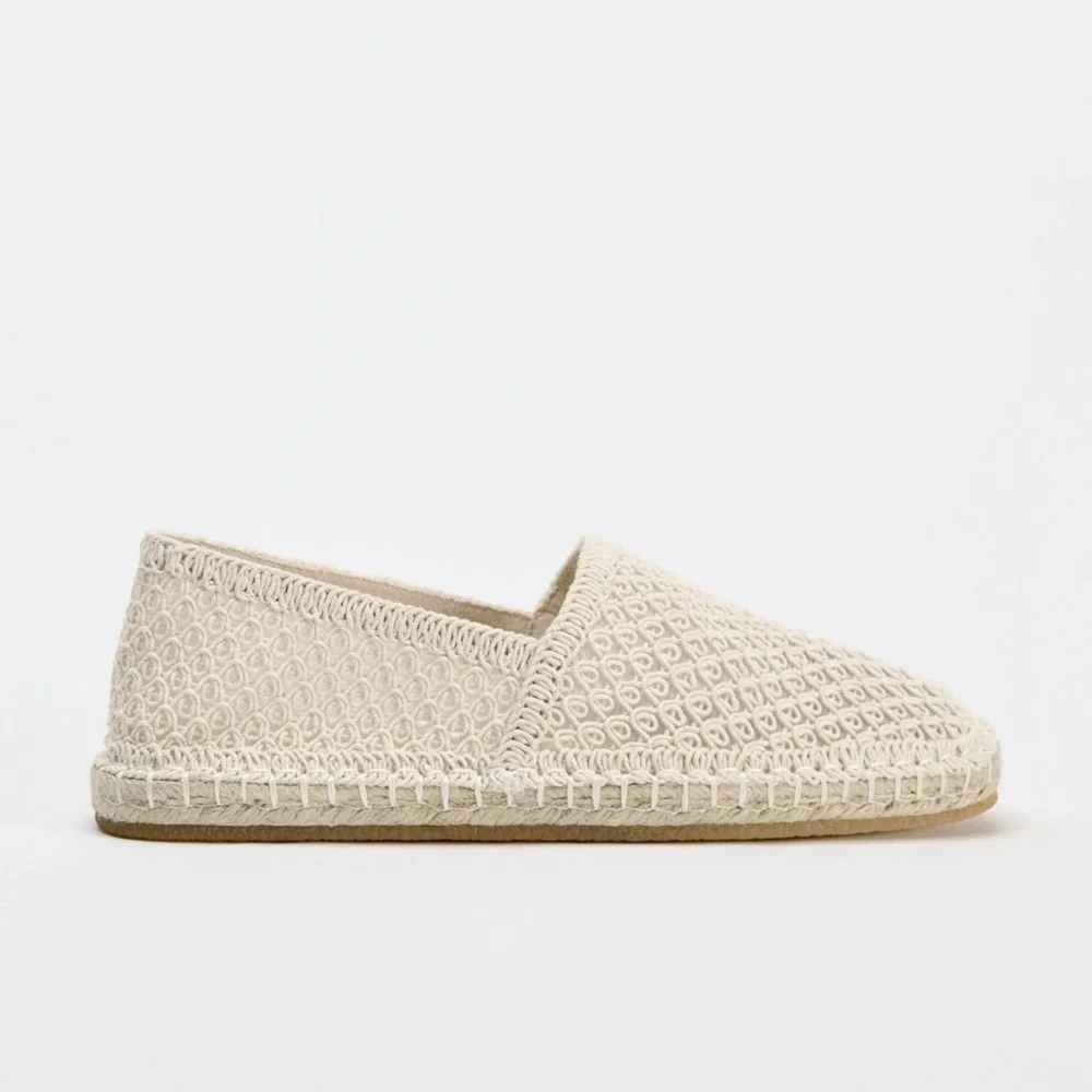 ZARA WOVEN CROCHET TEXTURED SLIP ON ESPADRILLE LOAFER FLATS Cream Ecru 41